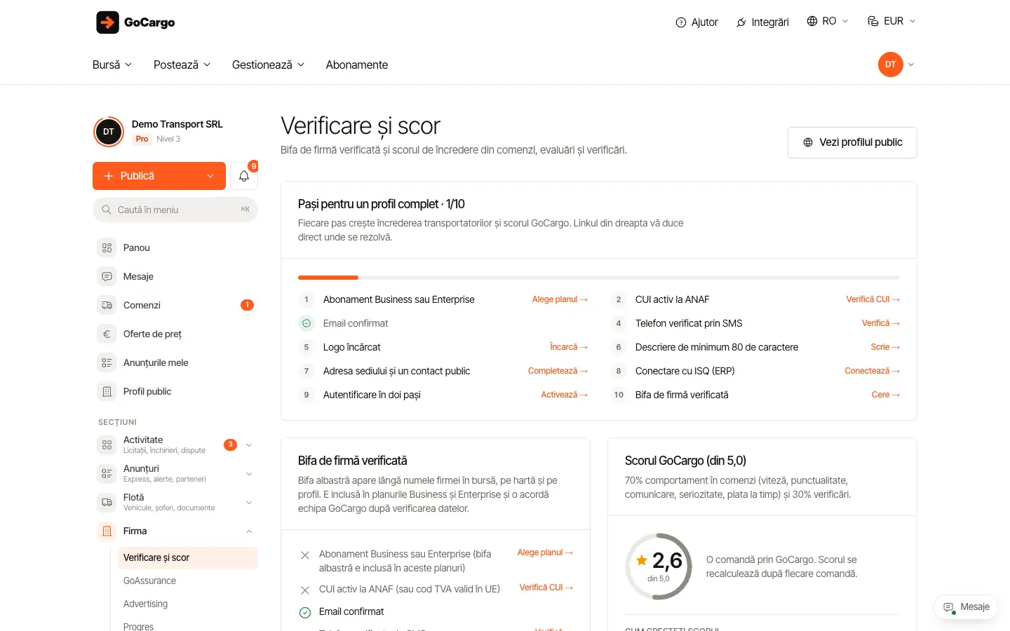 Verificarea firmei și scorul de încredere: Deschideți Verificare și scor